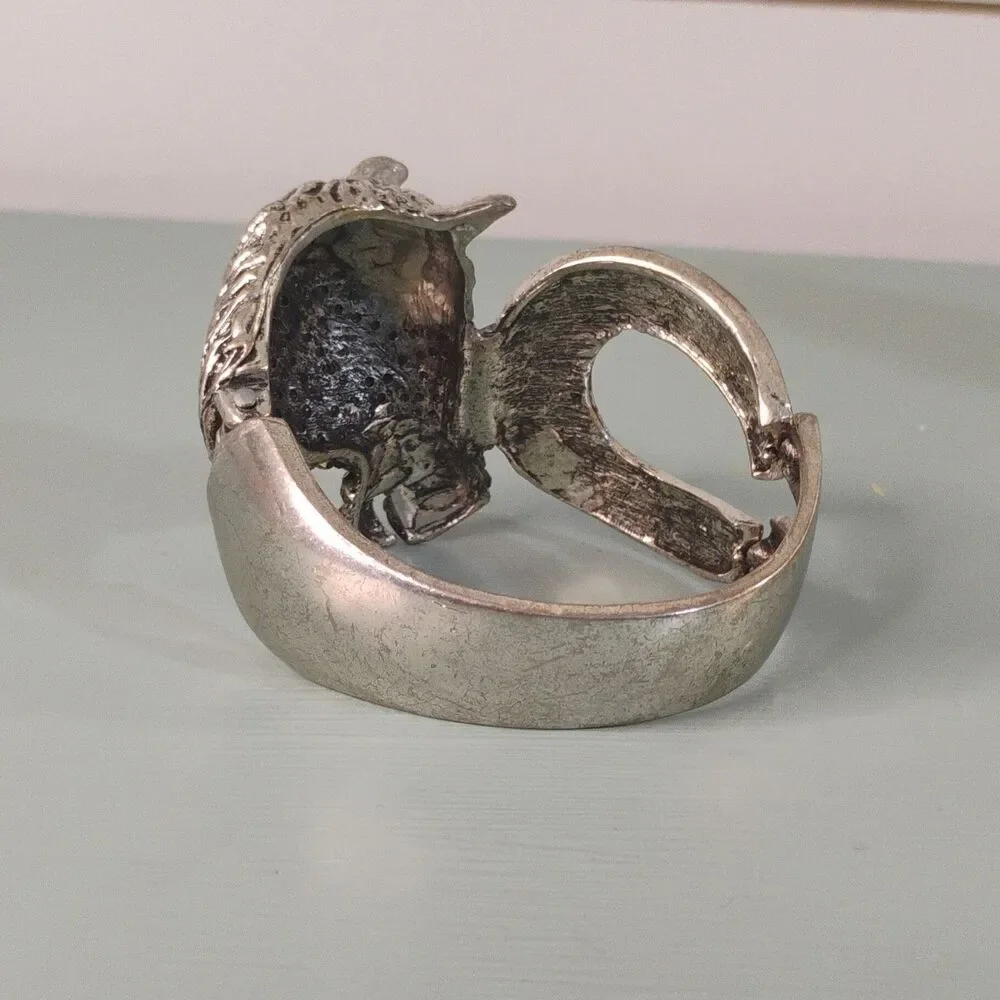 Chunky Equestrian Silver Tone Rhinestone Hinged Cuff Bracelet Horse/Horseshoe